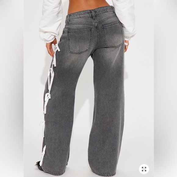 Fashion Nova Gray Flare Jeans with White Ties - Picture 4 of 4